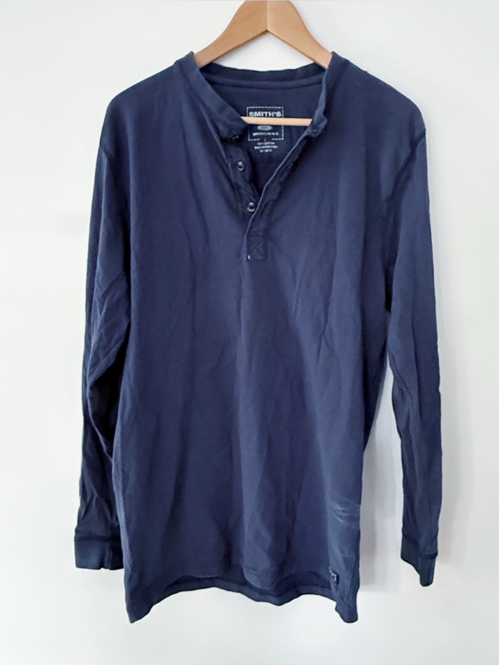 Smiths Mens 100% Cotton Long Sleeve Henley Shirt Large Blue Work Casual Basic